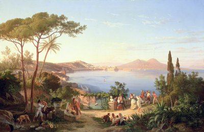 Bucht von Neapel mit tanzenden Italienern, um 1850 von Carl Wilhelm Goetzloff